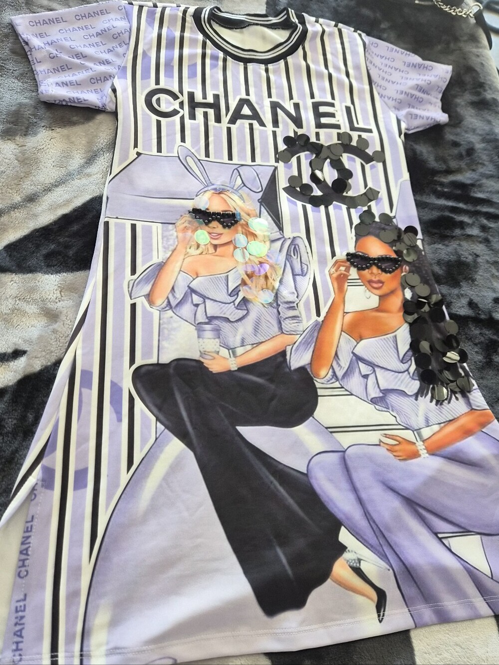 Lavender, Black Graphic Sequin Tee Dress